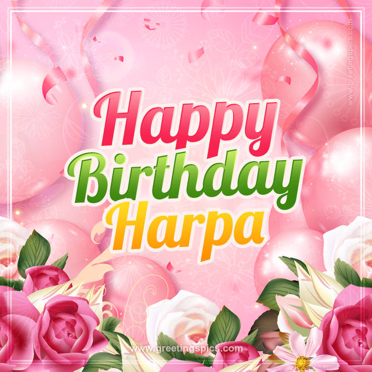Image with gentle pink background and flowers Happy Birthday Harpa (square shape image)