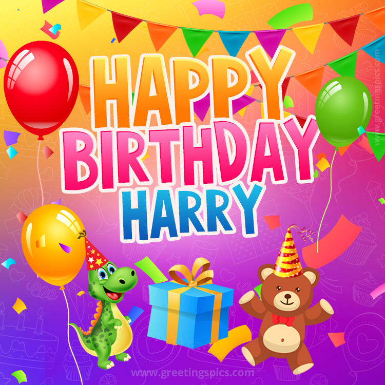 Happy Birthday Harry Image for a child with cute baby dinosaur and bear (square shape image)