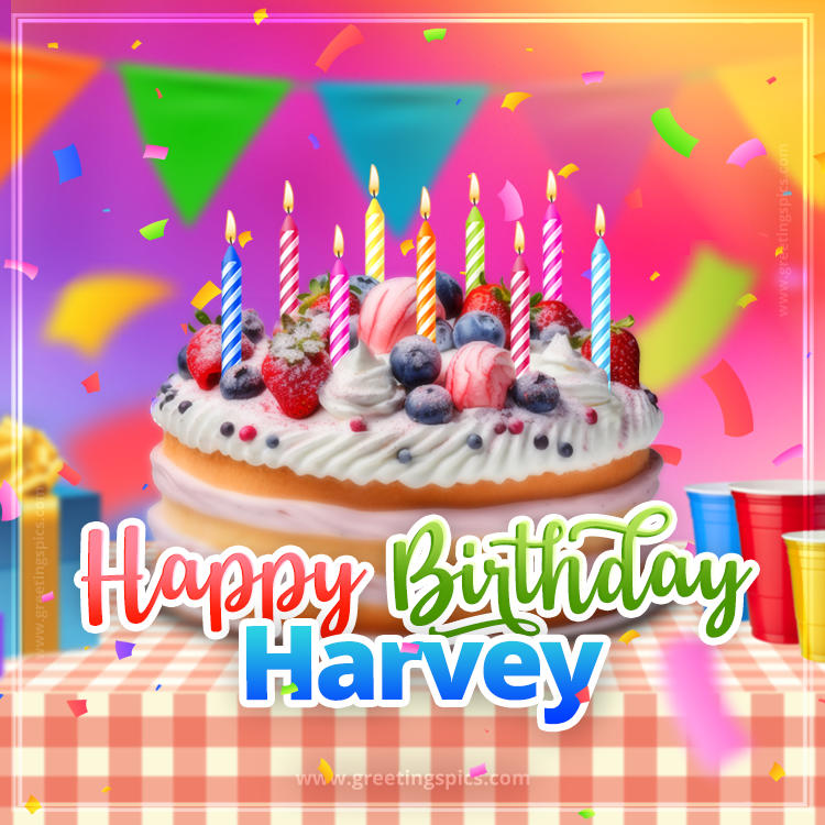 Happy Birthday Harvey Colorful Image with fruit cake and candles (square shape image)