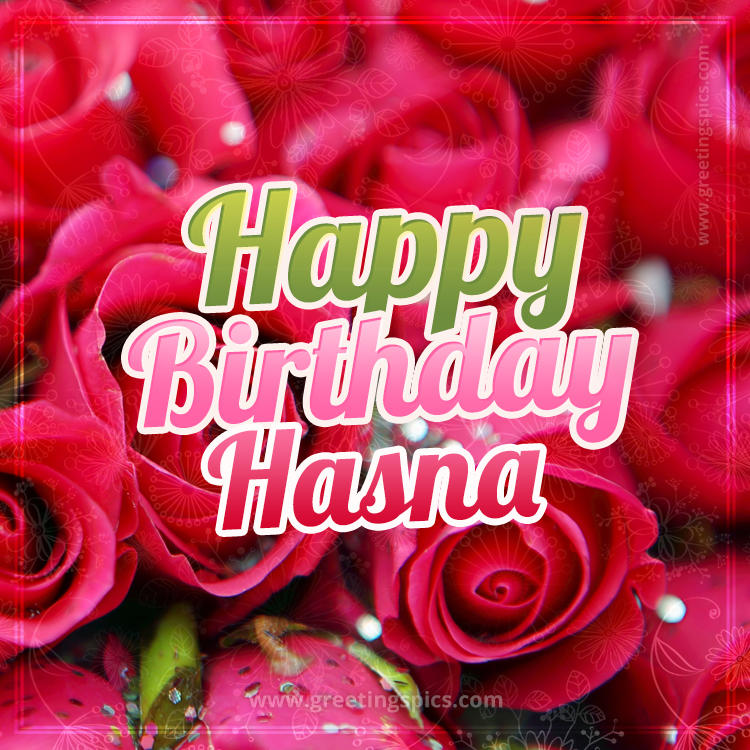 Happy Birthday Hasna beautiful Image with red roses (square shape image)