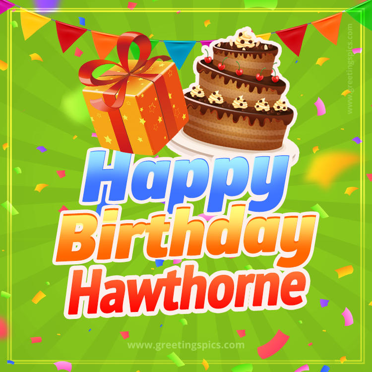 Happy Birthday Hawthorne picture with flags, chocolate cake and gift box (square shape image)