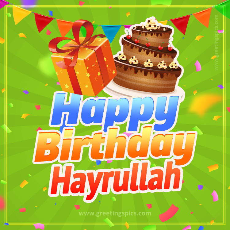 Happy Birthday Hayrullah picture with flags, chocolate cake and gift box (square shape image)