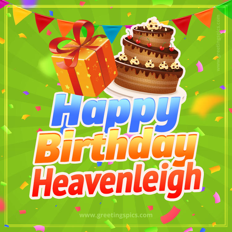 Happy Birthday Heavenleigh picture with flags, chocolate cake and gift box (square shape image)