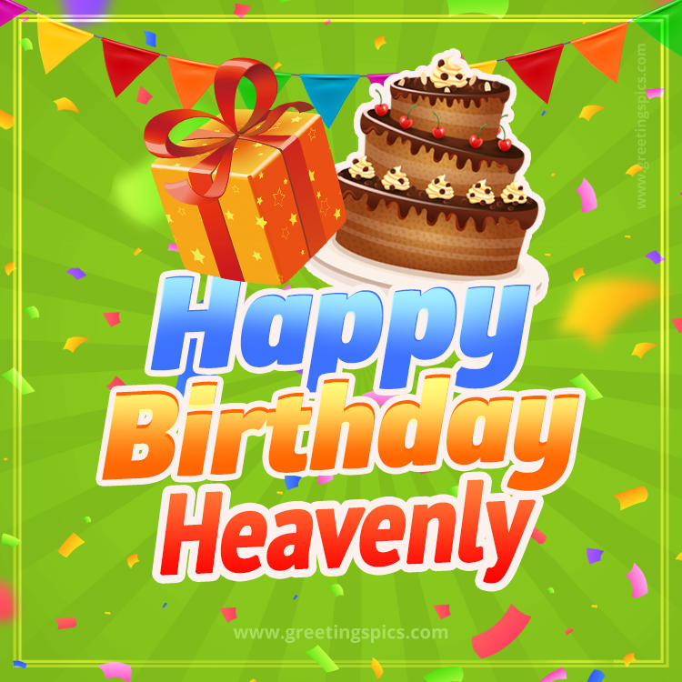 Happy Birthday Heavenly picture with flags, chocolate cake and gift box (square shape image)