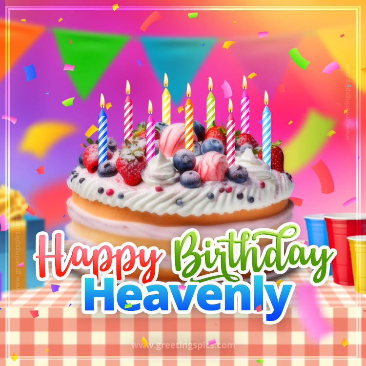 Happy Birthday Heavenly Colorful Image with fruit cake and candles (square shape image)