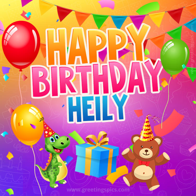 Happy Birthday Heily Image for a child with cute dinosaur and bear (square shape image)