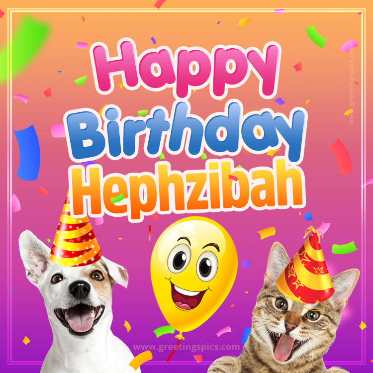 Happy Birthday Hephzibah Funny Image with cat and dog (square shape image)