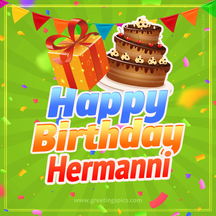 Happy Birthday Hermanni picture with flags, chocolate cake and gift box (square shape image)