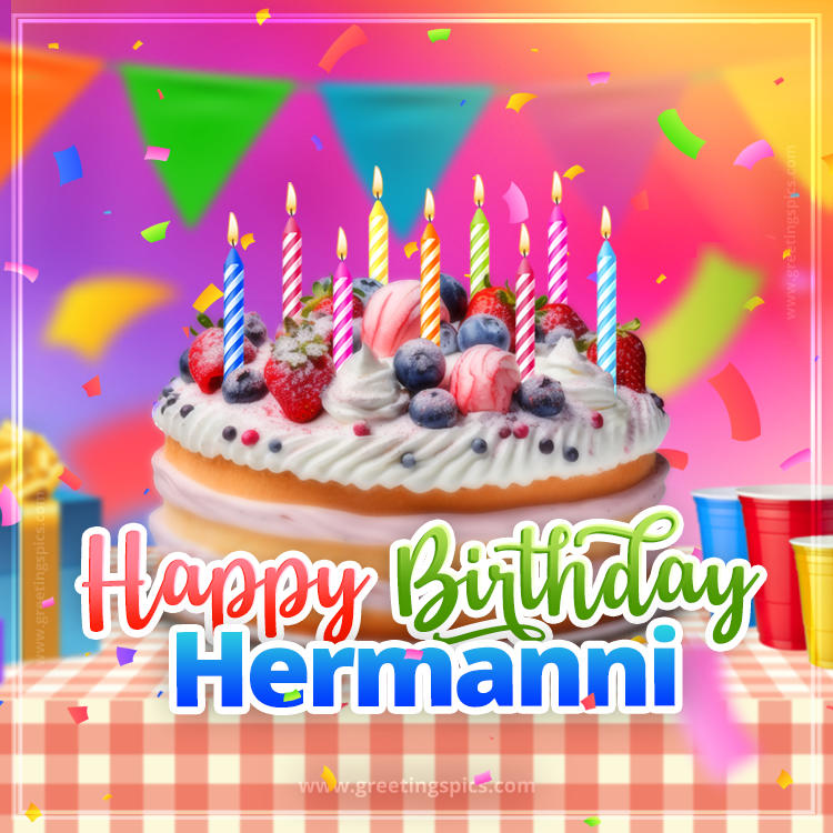 Happy Birthday Hermanni Colorful Image with fruit cake and candles (square shape image)