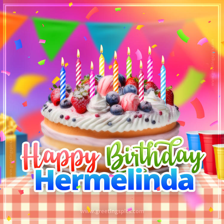 Happy Birthday Hermelinda Colorful Image with fruit cake and candles (square shape image)