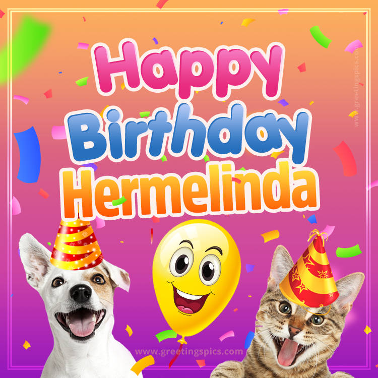 Happy Birthday Hermelinda Funny Image with cat and dog (square shape image)