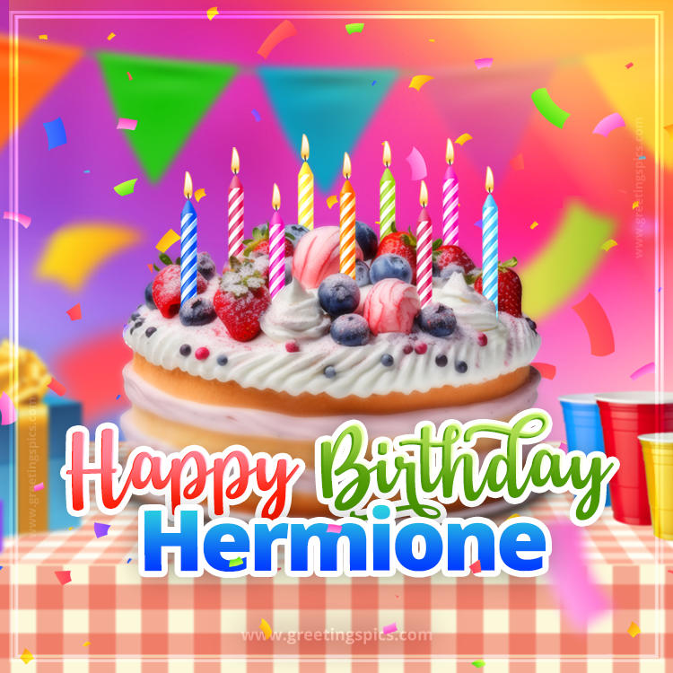 Happy Birthday Hermione Colorful Image with fruit cake and candles (square shape image)