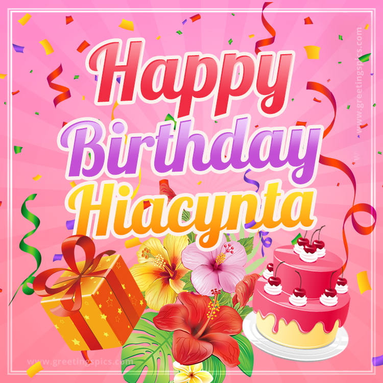 Beautiful Birthday Card for Hiacynta with Cake and bouquet of flowers (square shape image)