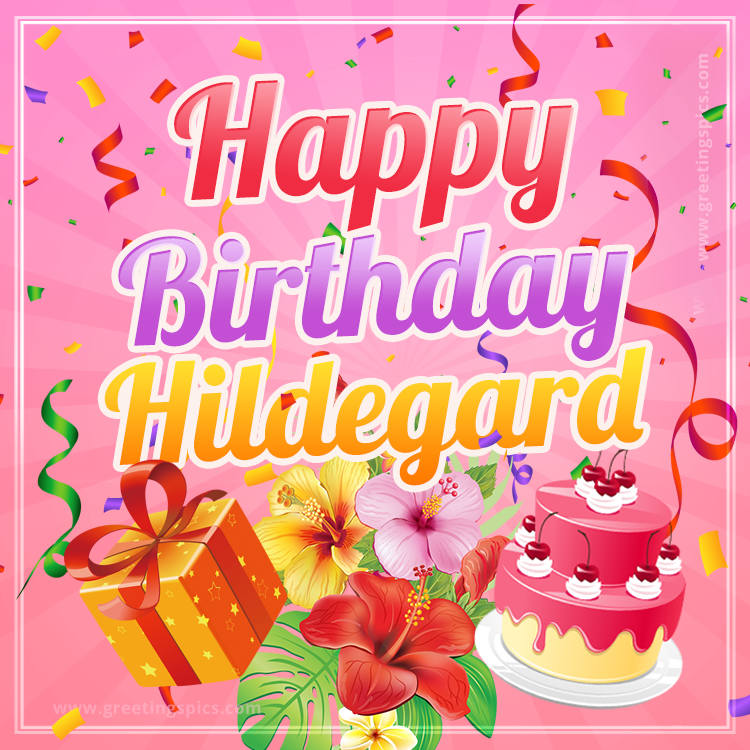 Beautiful Birthday Card for Hildegard with Cake and bouquet of flowers (square shape image)