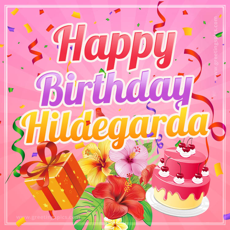 Beautiful Birthday Card for Hildegarda with Cake and bouquet of flowers (square shape image)