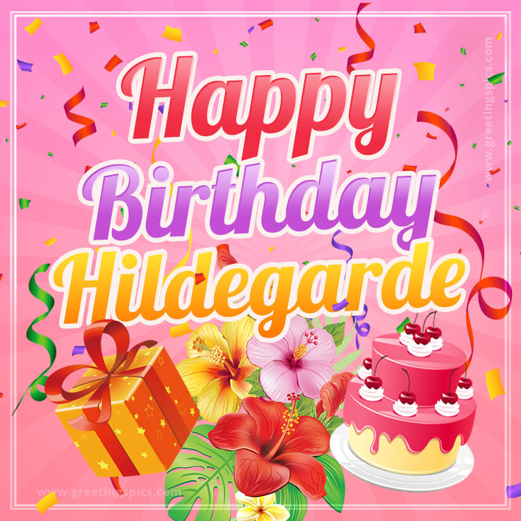 Beautiful Birthday Card for Hildegarde with Cake and bouquet of flowers (square shape image)