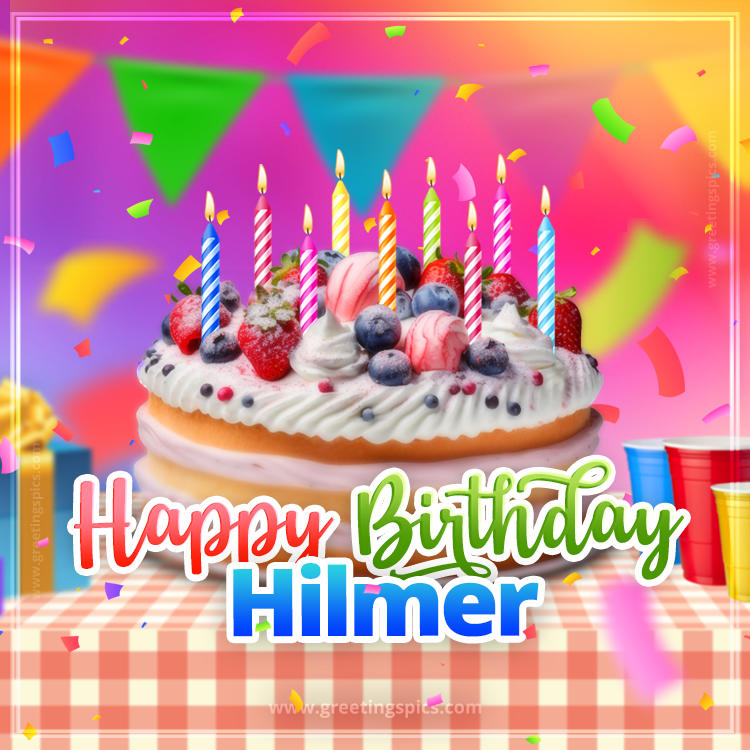 Happy Birthday Hilmer Colorful Image with fruit cake and candles (square shape image)