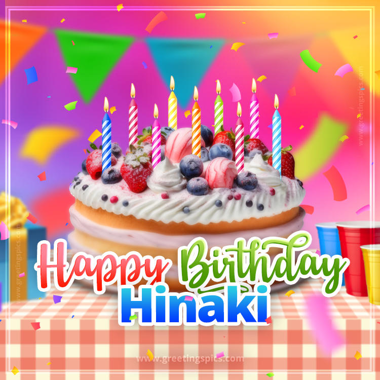 Happy Birthday Hinaki Colorful Image with fruit cake and candles (square shape image)