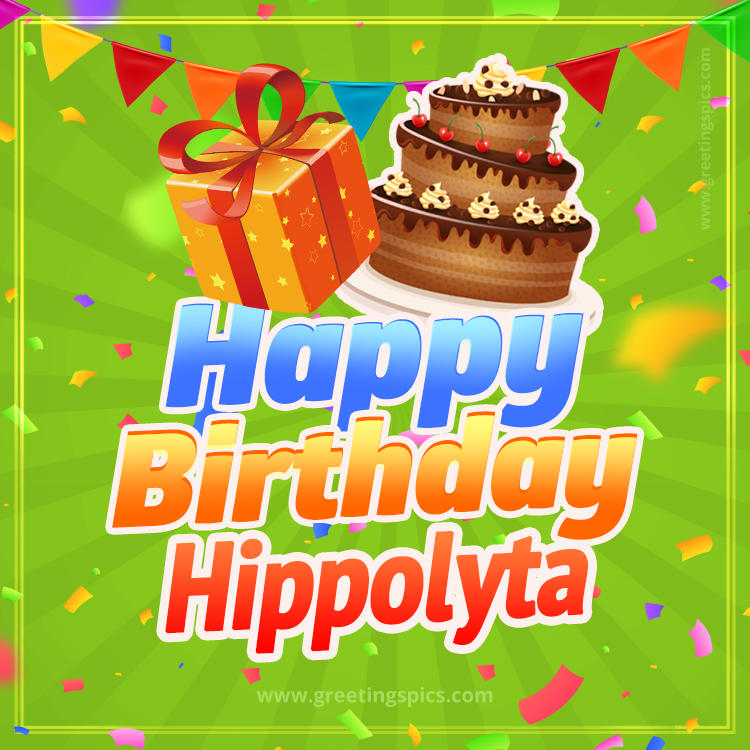 Happy Birthday Hippolyta picture with flags, chocolate cake and gift box (square shape image)