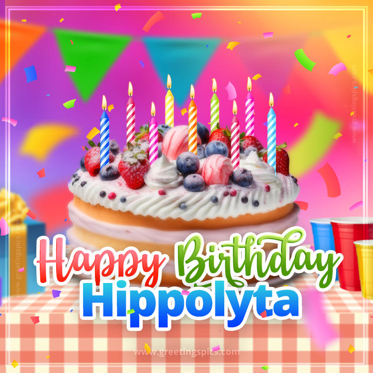 Happy Birthday Hippolyta Colorful Image with fruit cake and candles (square shape image)