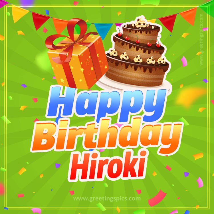 Happy Birthday Hiroki picture with flags, chocolate cake and gift box (square shape image)