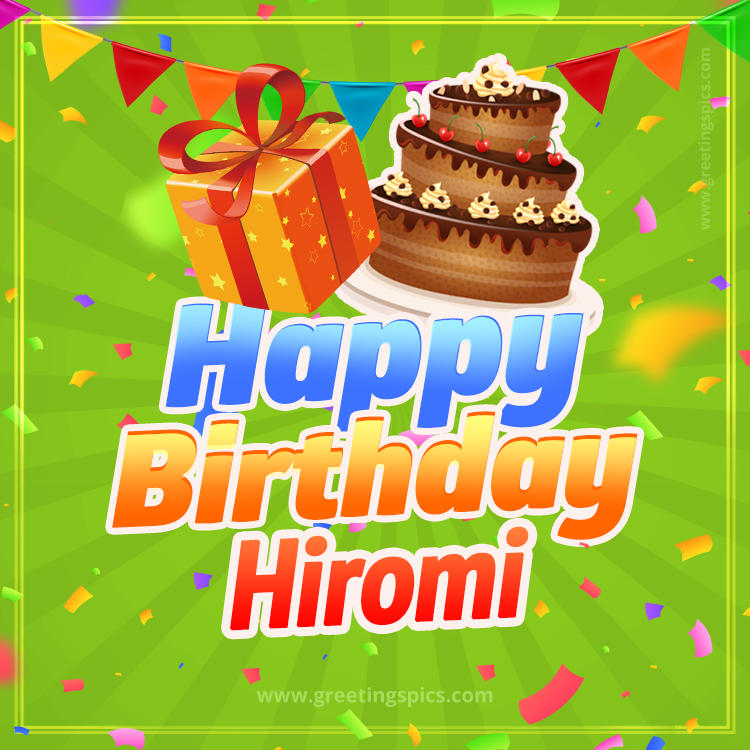 Happy Birthday Hiromi picture with flags, chocolate cake and gift box (square shape image)