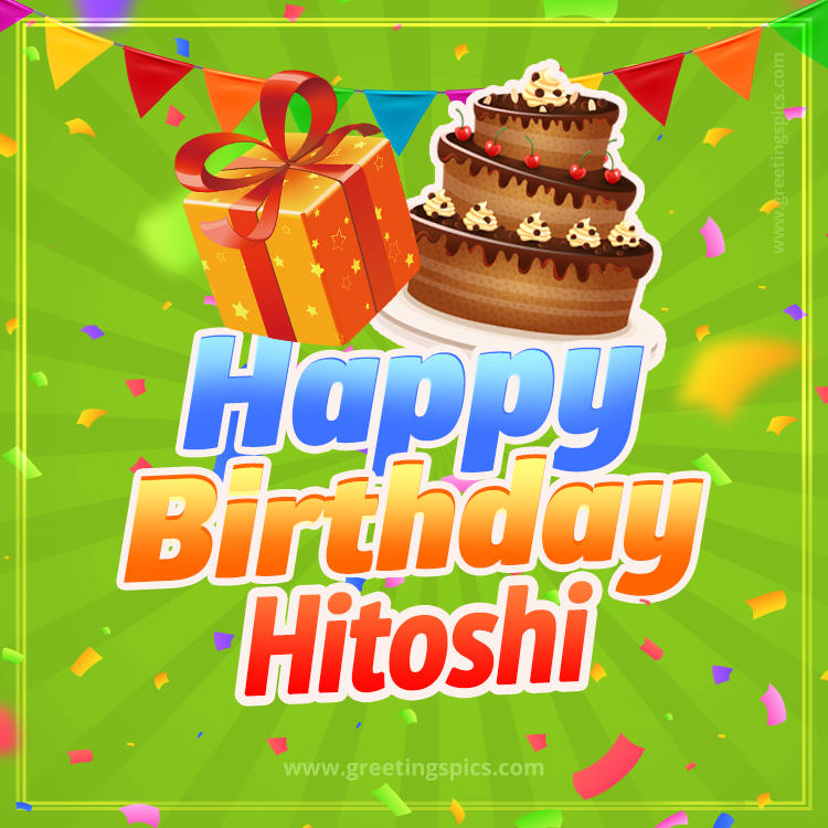 Happy Birthday Hitoshi picture with flags, chocolate cake and gift box (square shape image)