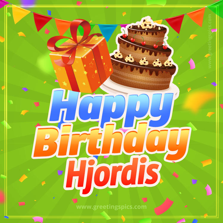 Happy Birthday Hjordis picture with flags, chocolate cake and gift box (square shape image)