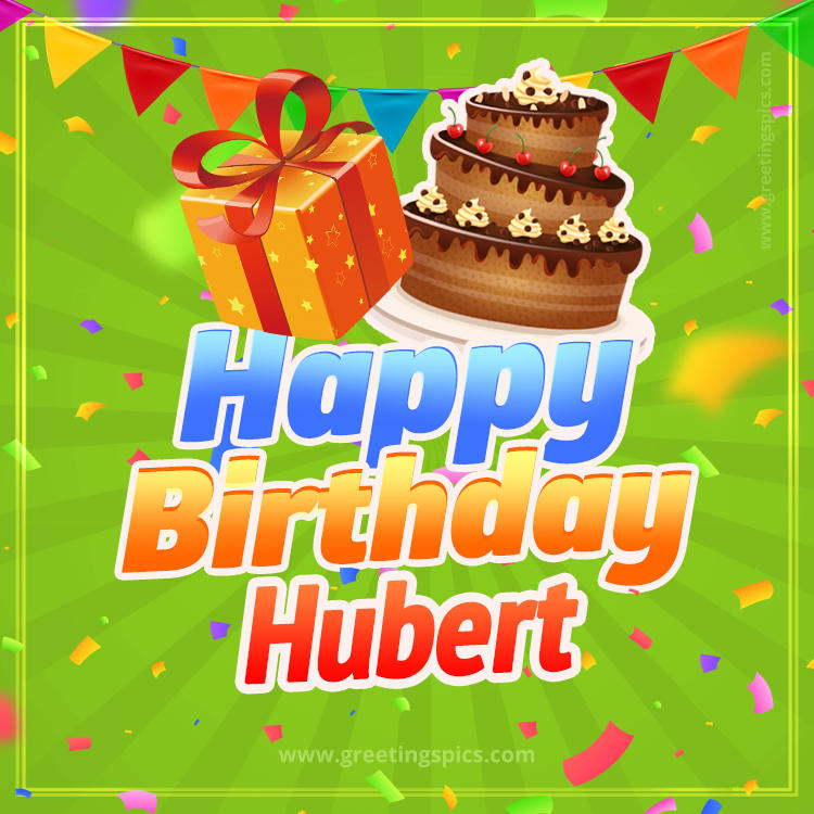 Happy Birthday Hubert picture with flags, chocolate cake and gift box (square shape image)