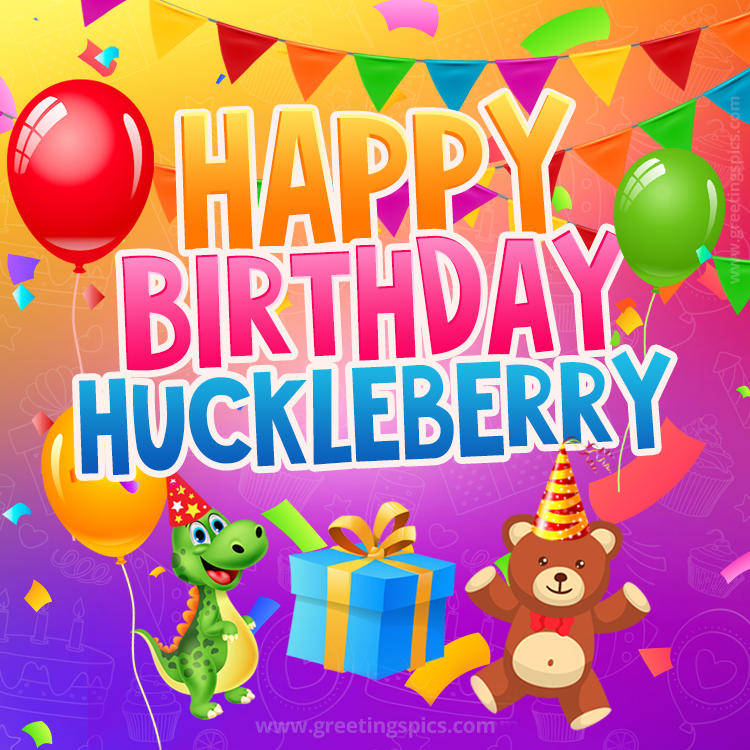 Happy Birthday Huckleberry Image for a child with cute baby dinosaur and bear (square shape image)