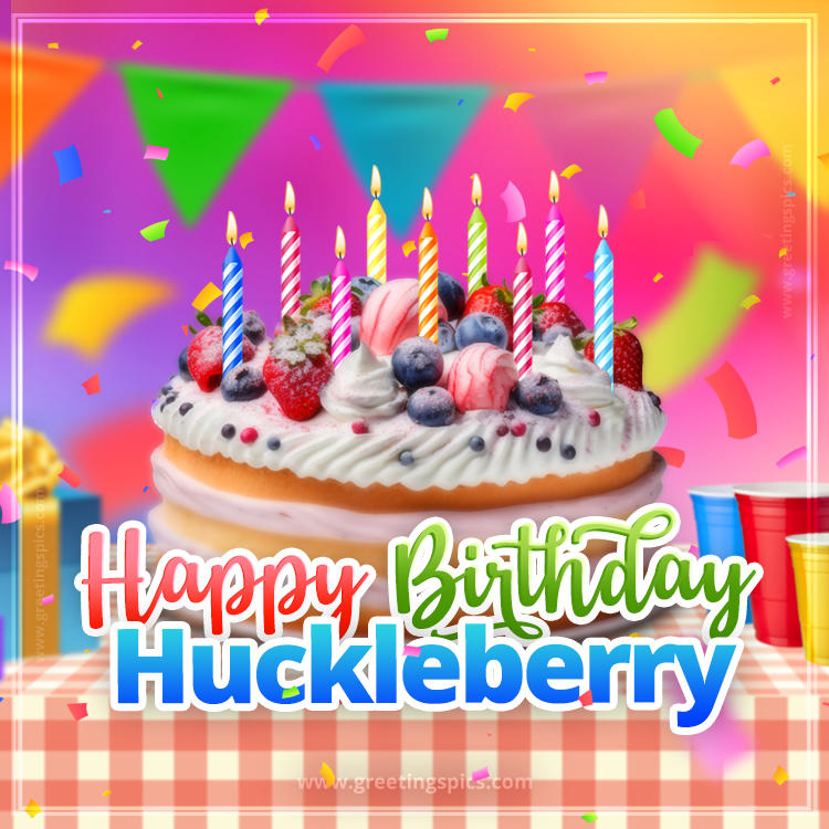 Happy Birthday Huckleberry Colorful Image with fruit cake and candles (square shape image)