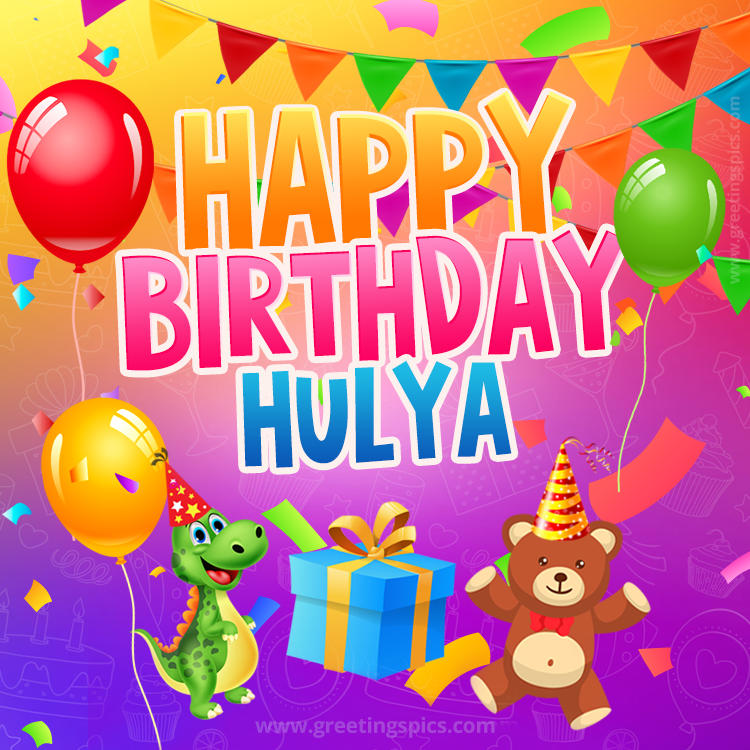 Happy Birthday Hulya Image for a child with cute dinosaur and bear (square shape image)