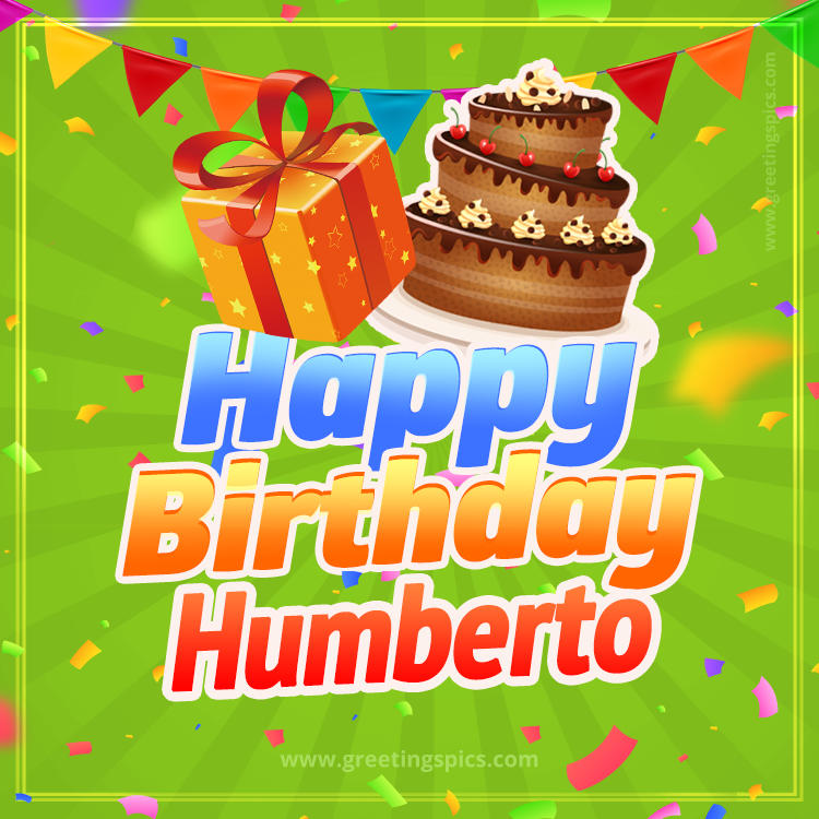 Happy Birthday Humberto picture with flags, chocolate cake and gift box (square shape image)