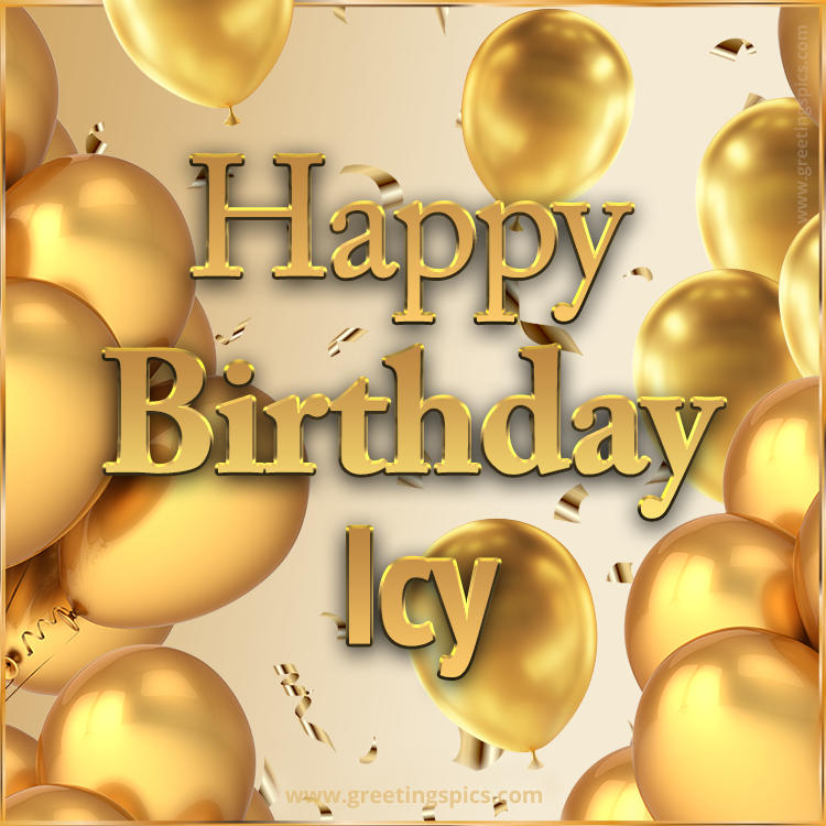 Happy Birthday Icy Card with golden confetti and balloons (square shape image)