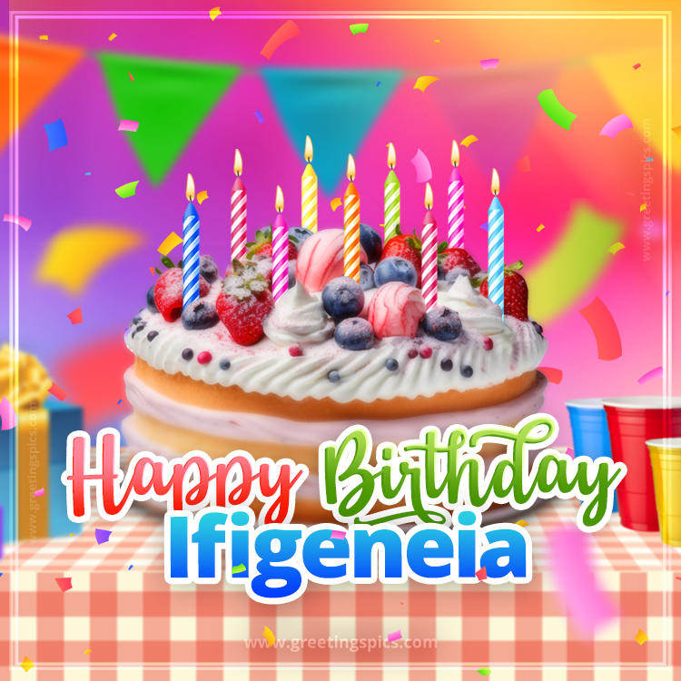 Happy Birthday Ifigeneia Colorful Image with fruit cake and candles (square shape image)