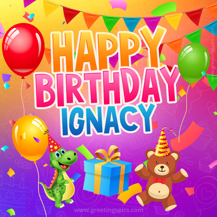 Happy Birthday Ignacy Image for a child with cute baby dinosaur and bear (square shape image)