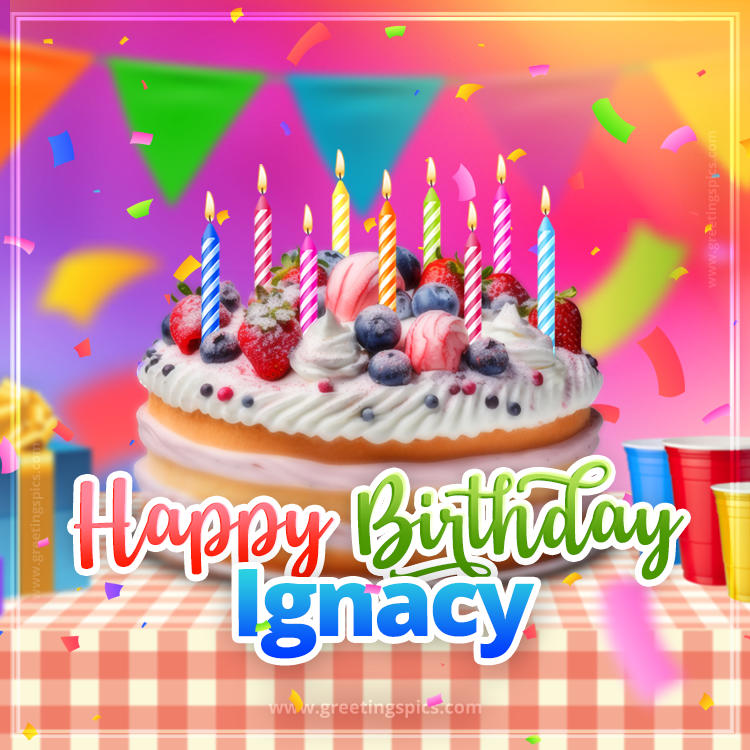 Happy Birthday Ignacy Colorful Image with fruit cake and candles (square shape image)