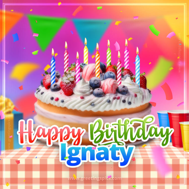 Happy Birthday Ignaty Colorful Image with fruit cake and candles (square shape image)