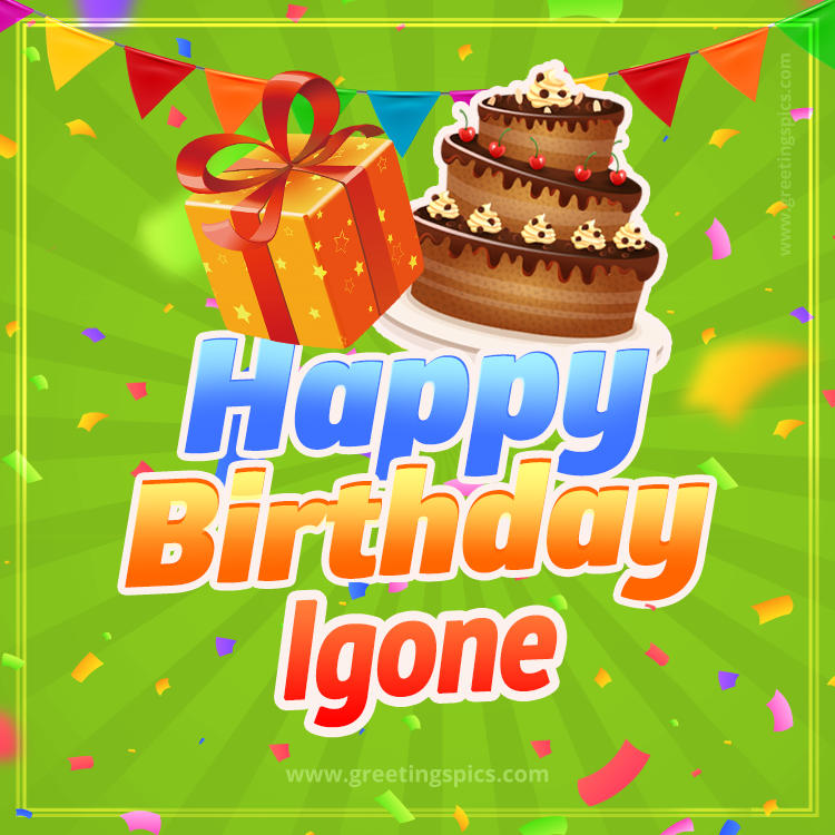 Happy Birthday Igone picture with flags, chocolate cake and gift box (square shape image)