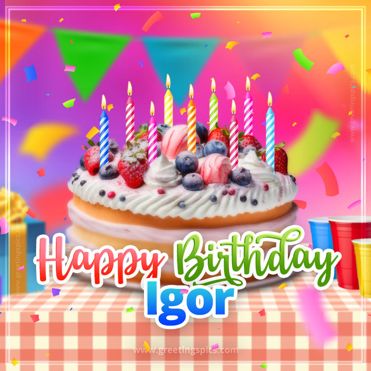 Happy Birthday Igor Colorful Image with fruit cake and candles (square shape image)