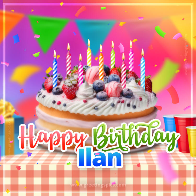 Happy Birthday Ilan Colorful Image with fruit cake and candles (square shape image)