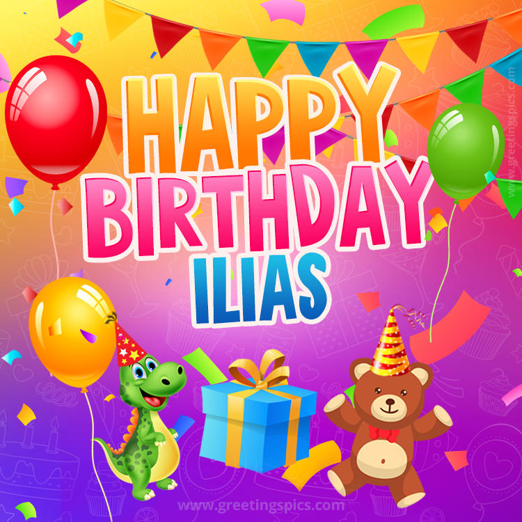 Happy Birthday Ilias Image for a child with cute baby dinosaur and bear (square shape image)