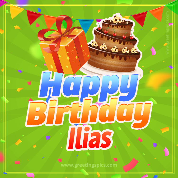 Happy Birthday Ilias picture with flags, chocolate cake and gift box (square shape image)