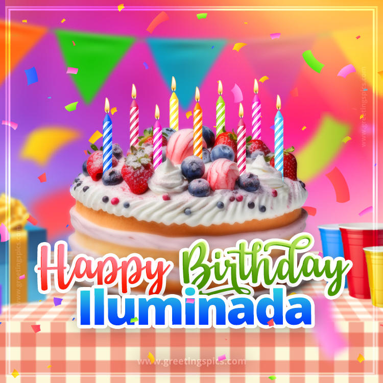 Happy Birthday Iluminada Colorful Image with fruit cake and candles (square shape image)