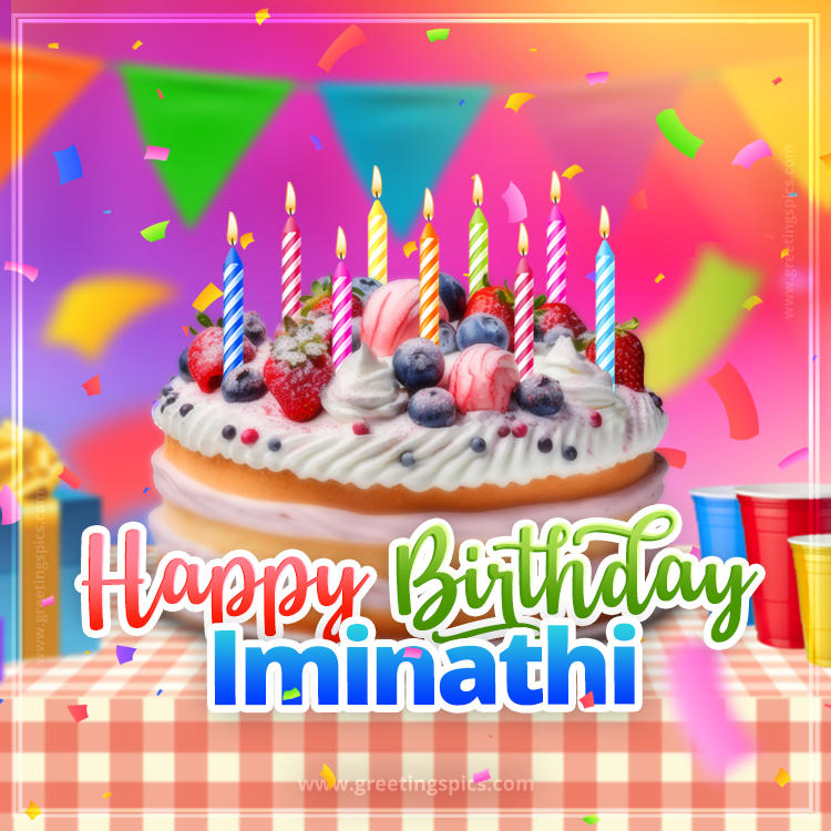 Happy Birthday Iminathi Colorful Image with fruit cake and candles (square shape image)