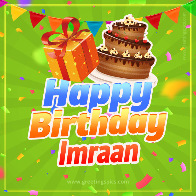 Happy Birthday Imraan picture with flags, chocolate cake and gift box (square shape image)