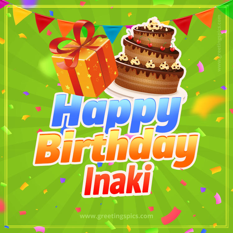 Happy Birthday Inaki picture with flags, chocolate cake and gift box (square shape image)