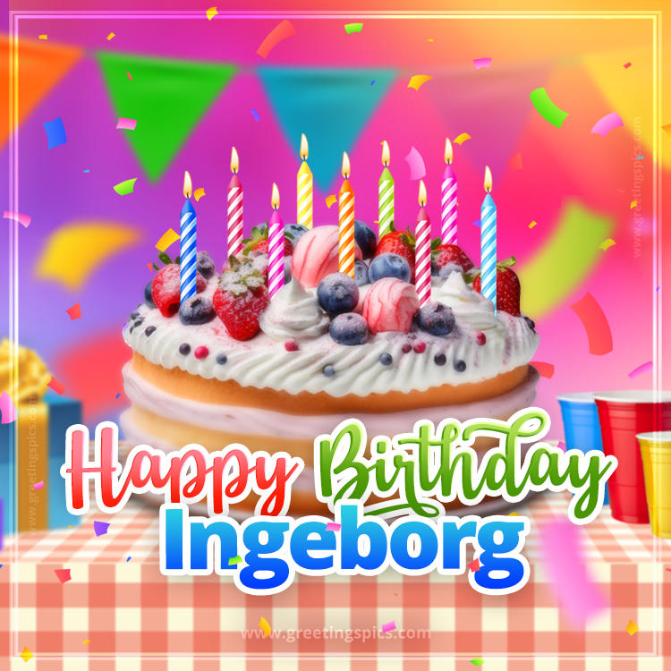 Happy Birthday Ingeborg Colorful Image with fruit cake and candles (square shape image)