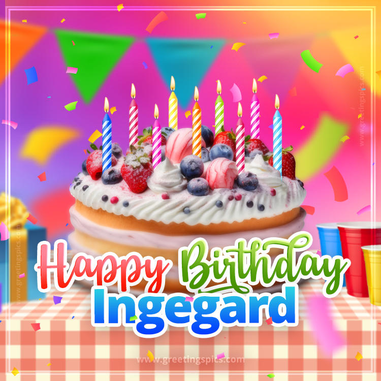 Happy Birthday Ingegard Colorful Image with fruit cake and candles (square shape image)