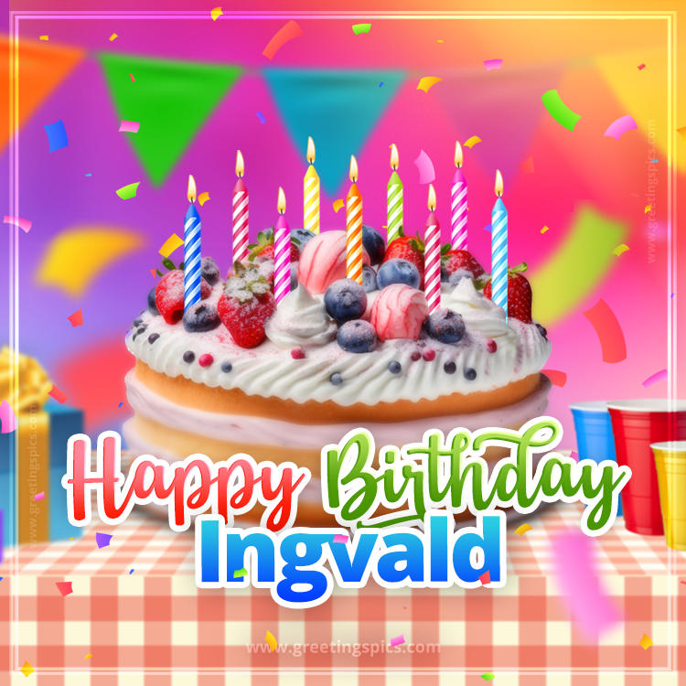 Happy Birthday Ingvald Colorful Image with fruit cake and candles (square shape image)